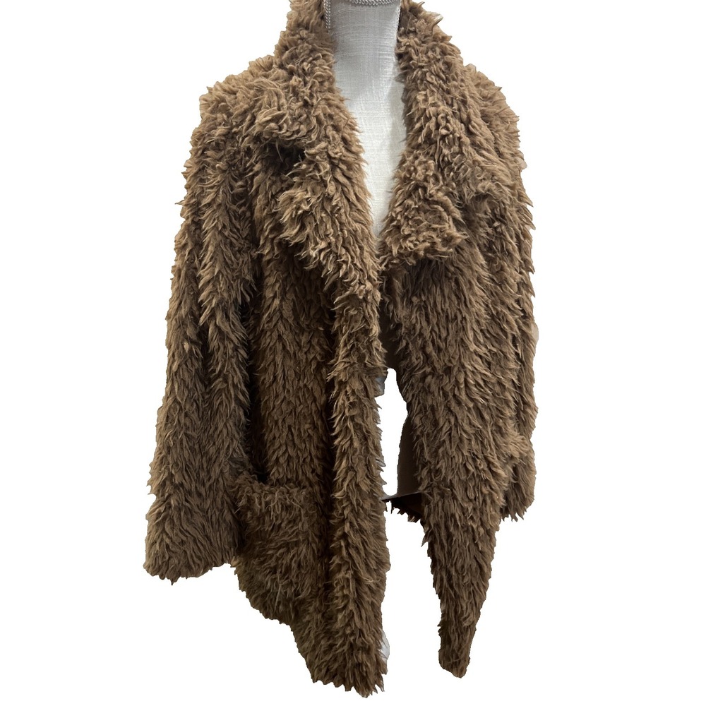 Indie Sleaze Jacket Womens Large Brown Faux Fur Shaggy Pockets HYFVE Soft Cozy